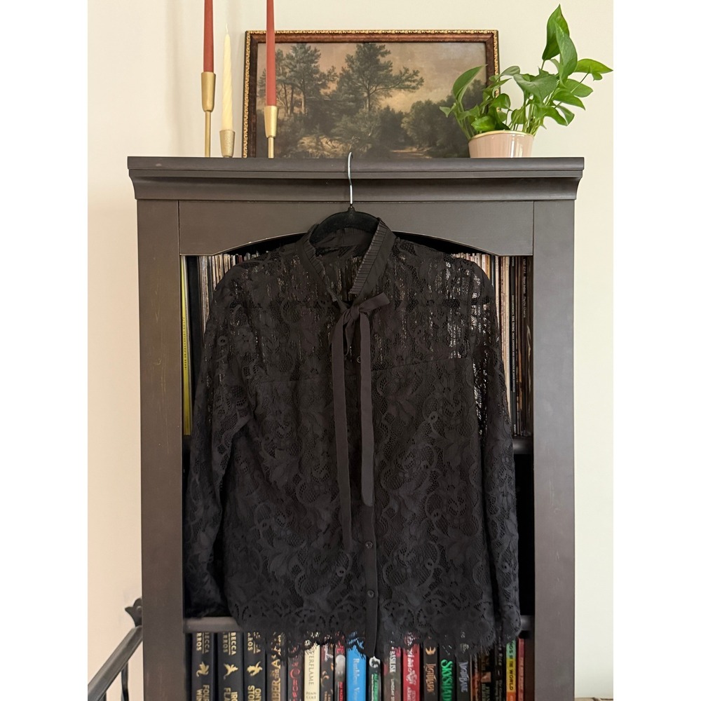Victorian Gothic Dark Academia Floral Lace Bow Blouse M Black Long Sleeve Top
